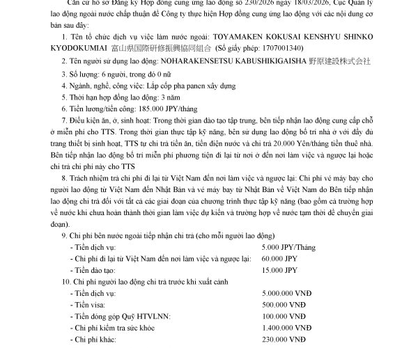 Hợp đồng cung ứng lao động Toyamaken Kokusai Kenshyu Shinko Kyodo Kumiai – BV2008, HV2004B