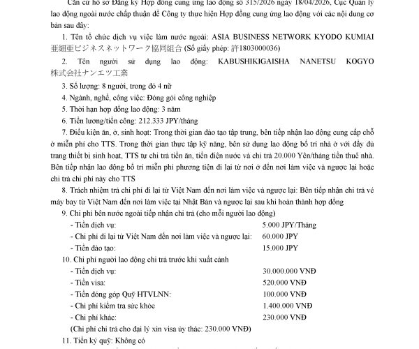 Hợp đồng cung ứng lao động Asia Business Network Kyodo Kumiai – BV2104